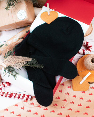 Black Reversible Beanie, Neck Warmer, and Glove Set