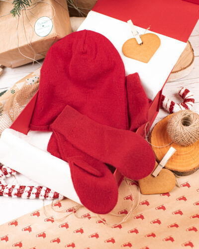 Red Cashmere Beanie, Snood, and Gloves Set